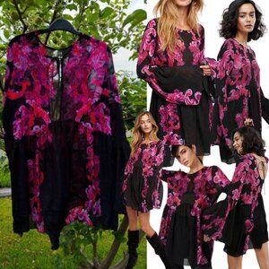 FREE PEOPLE Printed Symphony Black & Purple Long Sleeve Printed Slip Dress, Sz L